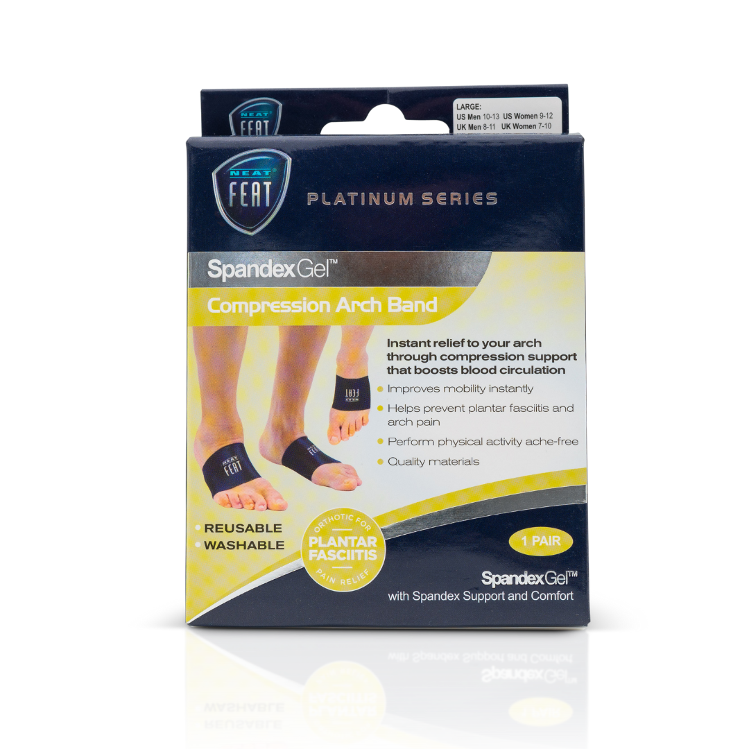 Platinum Series Spandex Gel Compression Arch Band box, mostly blue and yellow, featuring an image of a foot wearing the product on the front, demonstrating its fit and arch support benefits.